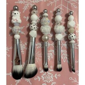 Polar Bear White Silver Beaded Makeup Brushes New Teenager Great Gift Winter